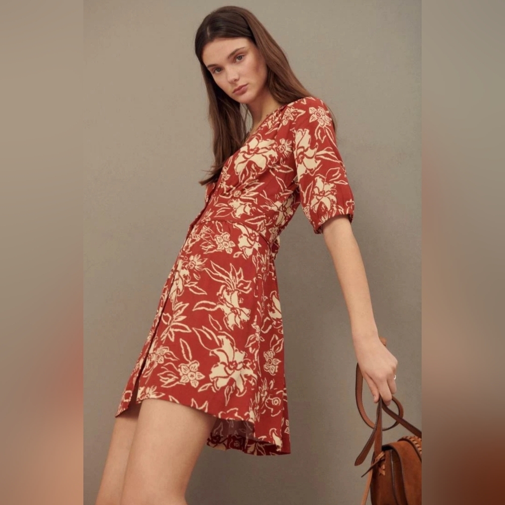 ba&sh Soma Floral Mini Dress L $295 Billowy Sleeve